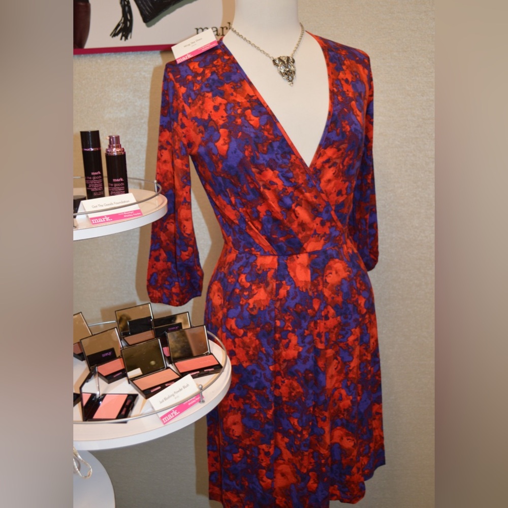 Red and Blue Floral Wrap Dress 3/4 sleeves